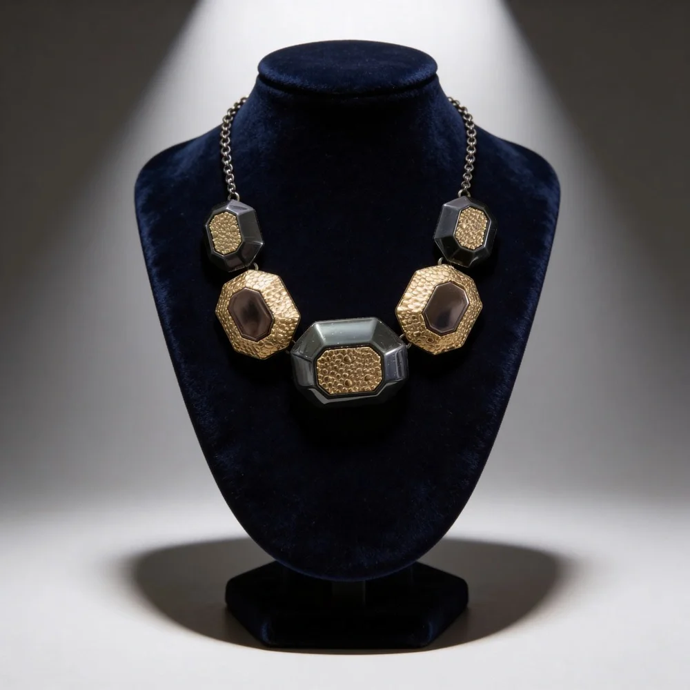 Black Octagon & Hammered Silver Necklace | Geometric Statement - Picture 4 of 8